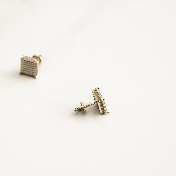 925 Iced Square Stud Earrings - Gold (Pair)