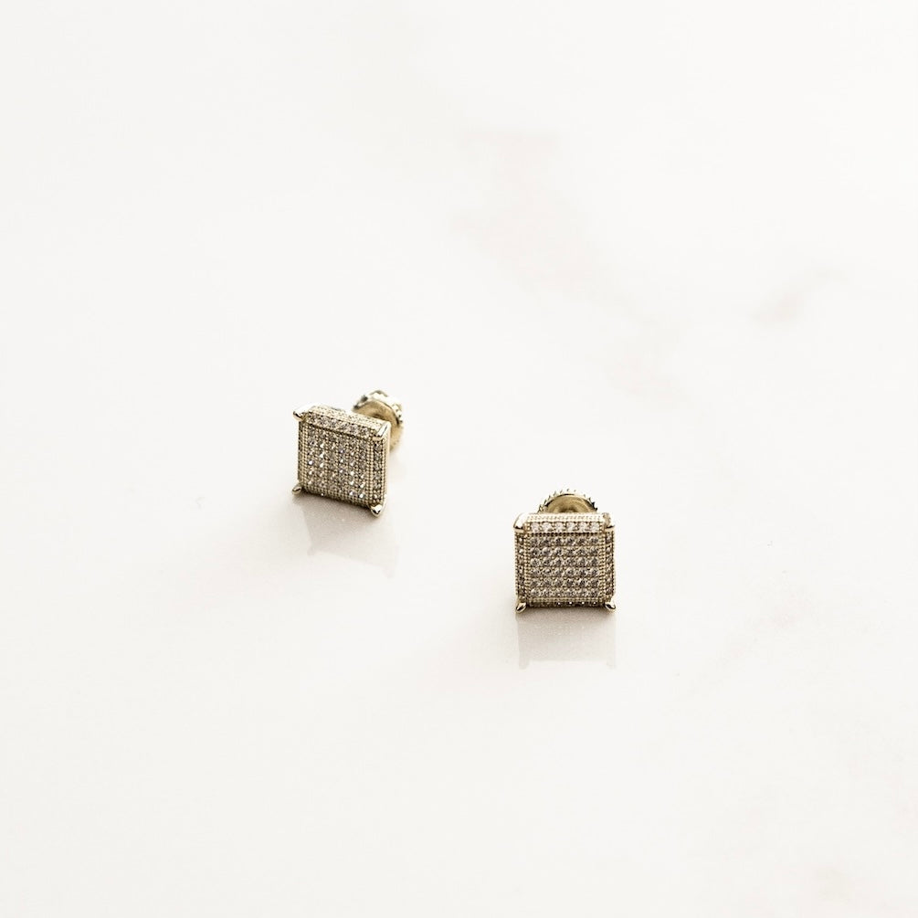 925 Iced Square Stud Earrings - Gold (Pair)