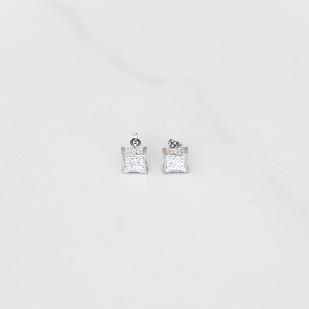 Iced Square Earrings - Silver (Pair)