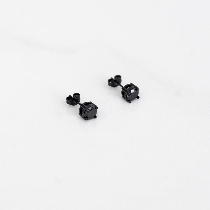 Solitaire Round Stud Earrings - Black (Pair)