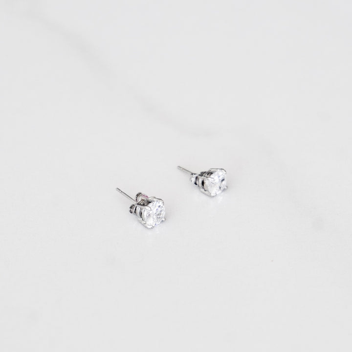 Solitaire Round Stud Earrings - Silver (Pair)