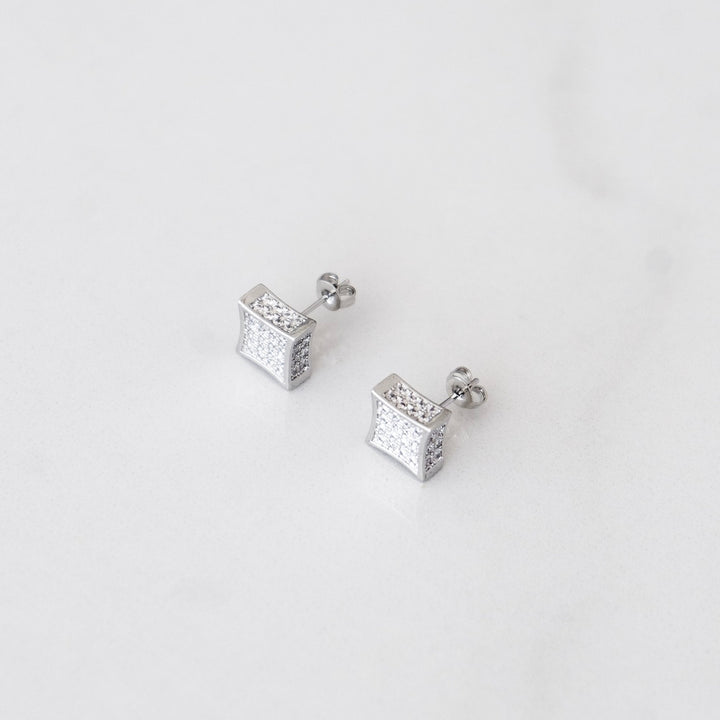 Iced Square Earrings - Silver (Pair)