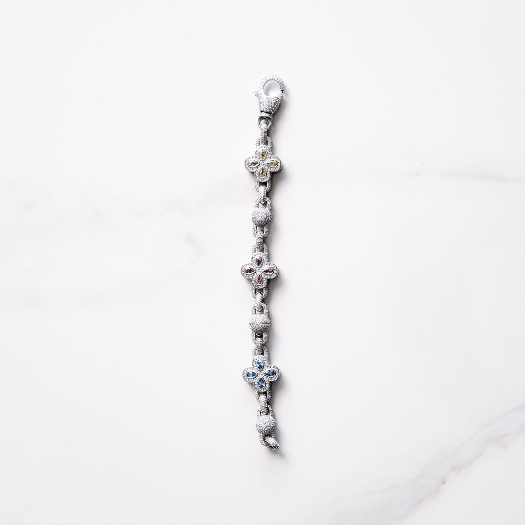 Iced Ball Link & Multicolour Flower Link Bracelet - Silver (18mm)