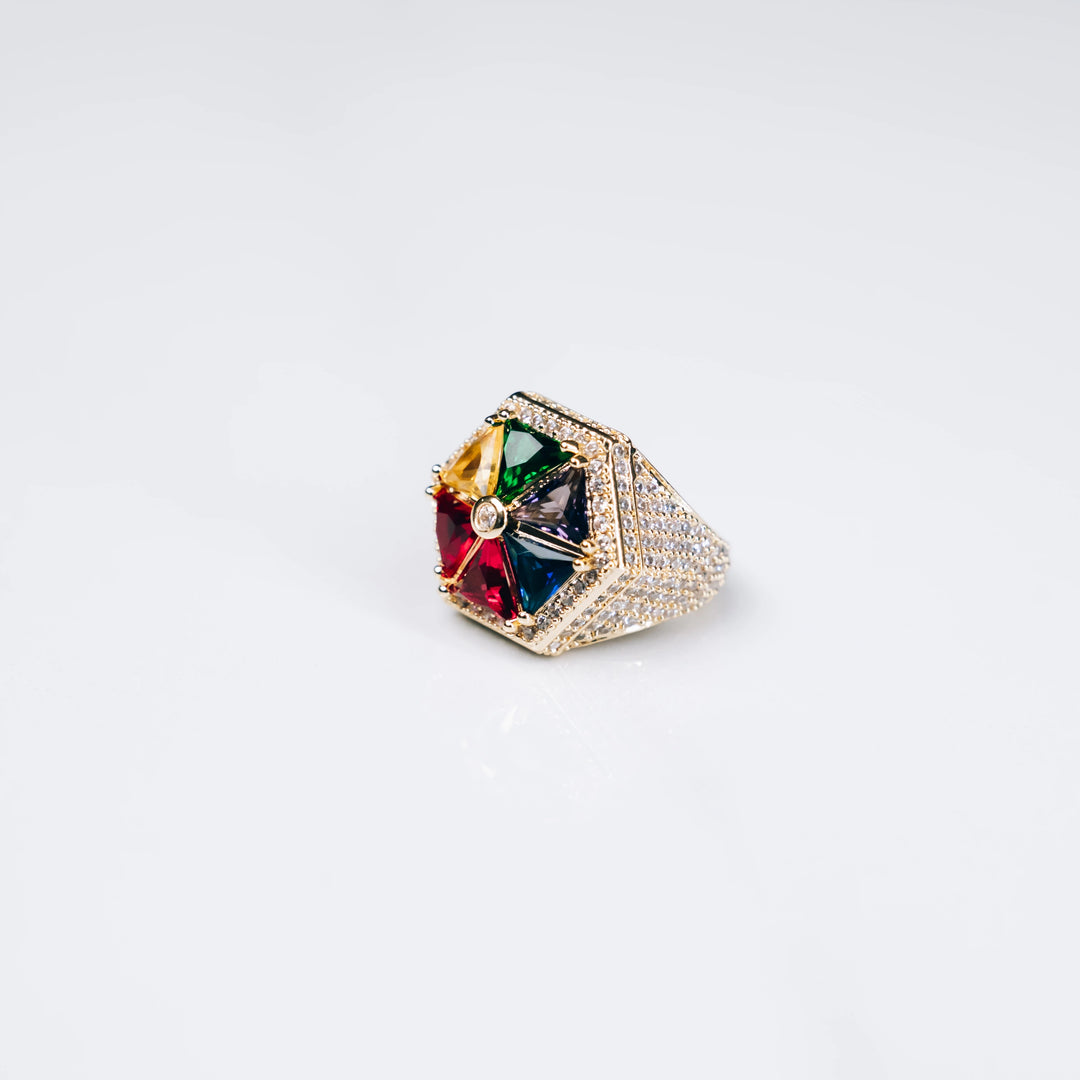 Multicolour Stone Signet Pyramid Ring - Gold