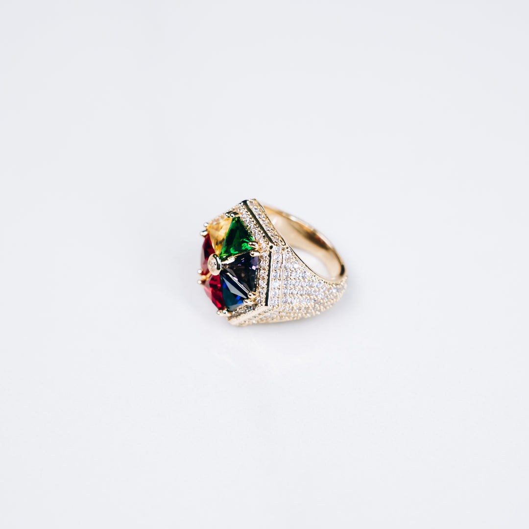 Multicolour Stone Signet Pyramid Ring - Gold