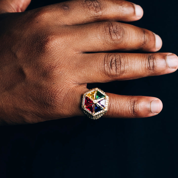 Multicolour Stone Signet Pyramid Ring - Gold