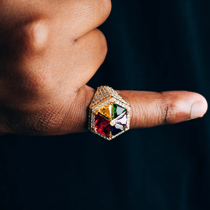 Multicolour Stone Signet Pyramid Ring - Gold