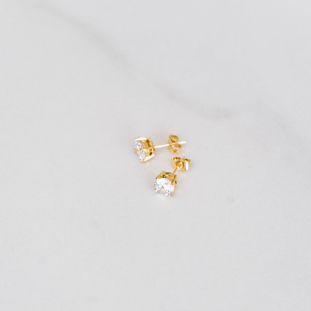 Solitaire Round Stud Earrings - Gold (Pair)