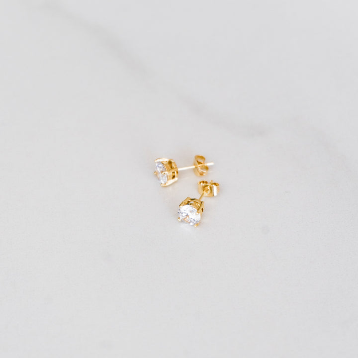 Solitaire Round Stud Earrings - Gold (Pair)