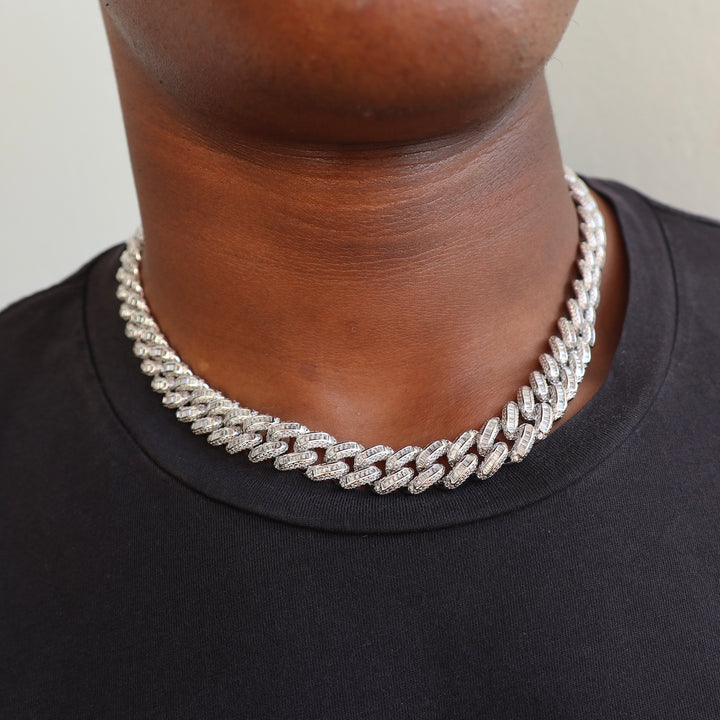 Model Wears The Baguette Cuban Link - White Gold (13mm) - 46cm