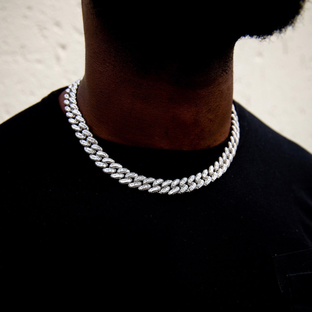 Model Wears The Baguette Cuban Link - White Gold (13mm) 