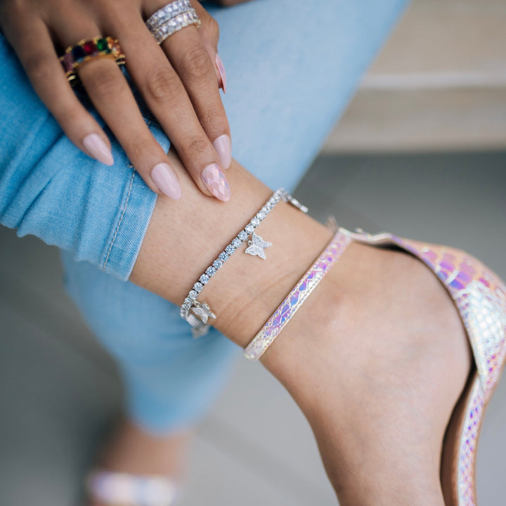 Tasneem Wears Butterfly Tennis Anklet - White Gold