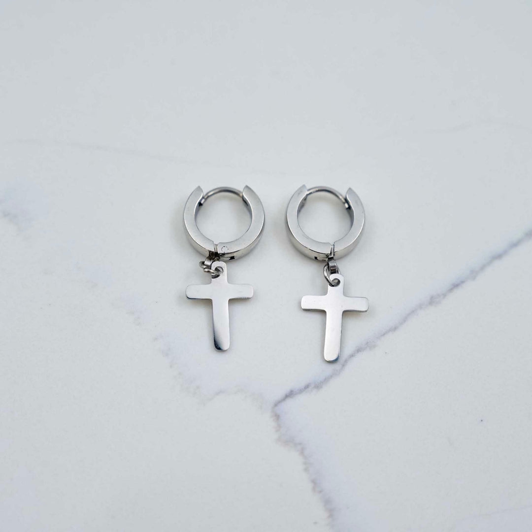 Cross Earrings - Silver on White Marble