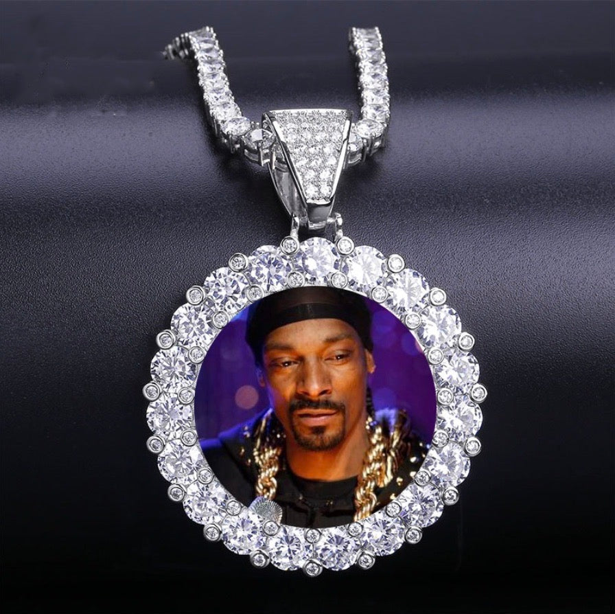 Custom Photo Pendant Round Large CZ - Silver Front