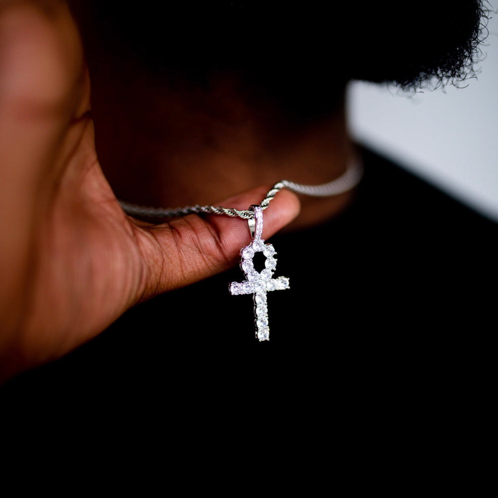 Model Wearing Iced Ankh - White Gold