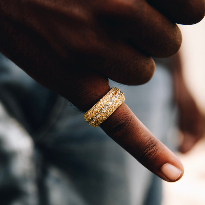 Model Wears The Iced Band Ring - Yellow Gold