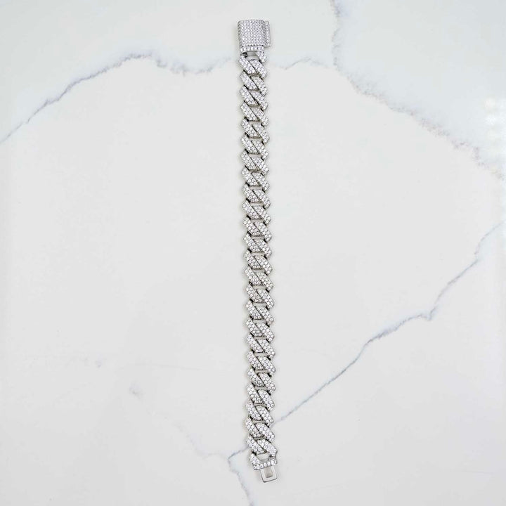 Iced Prong Link Bracelet - White Gold (14mm) on White Marble