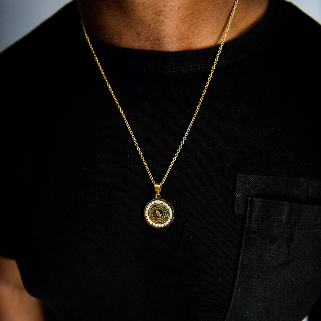 Model Wears The Saint Pendant - Yellow Gold