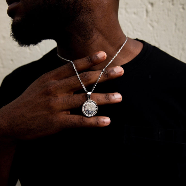 Model Wears The Saint Pendant - White Gold